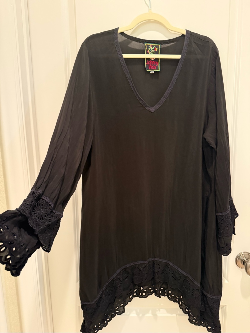 Johnny Was Black V-Neck Lace-Trim Tunic